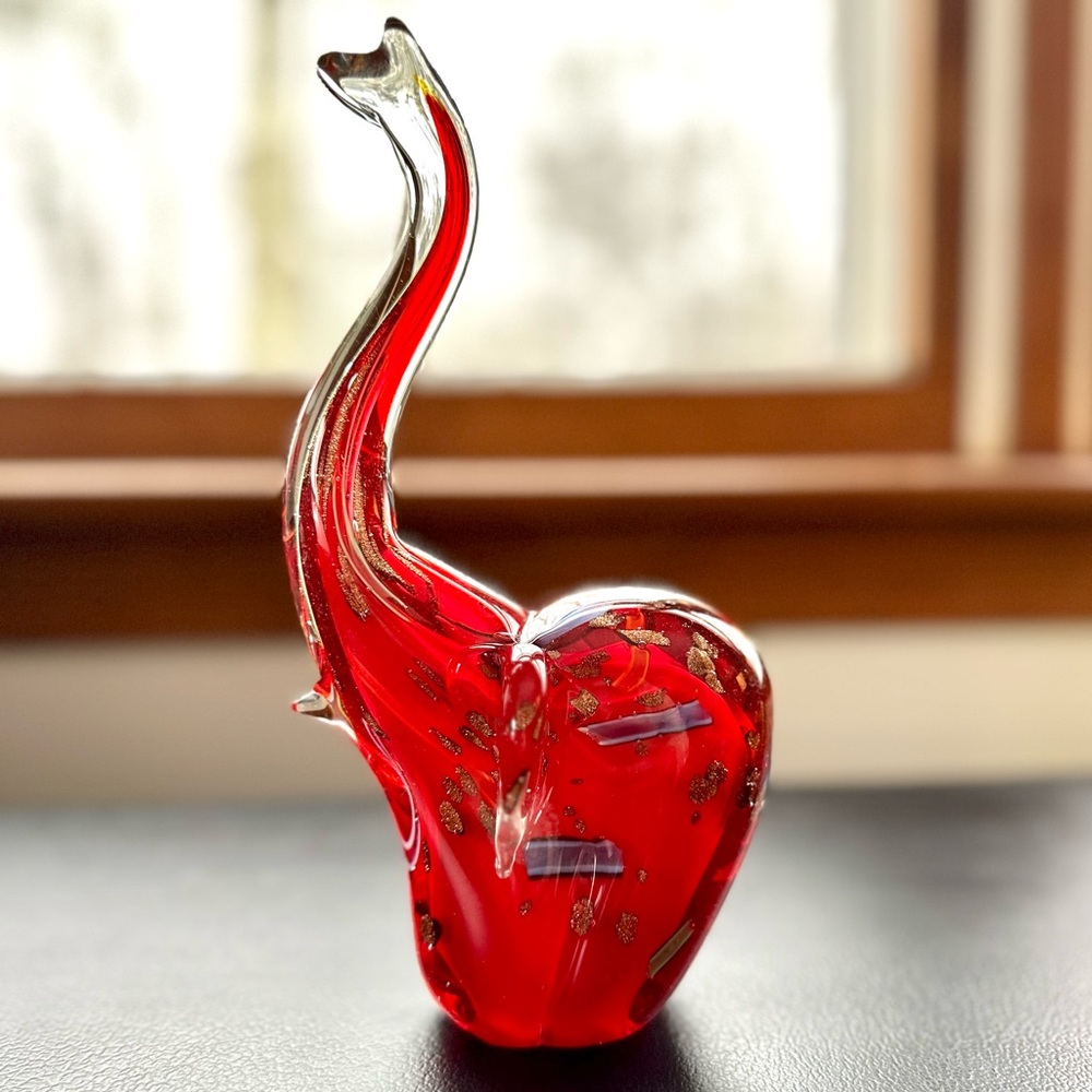 Elephant Glass Accent Art Piece / Paper Weight Trunk Up, Red, Gold, Teal, Purple